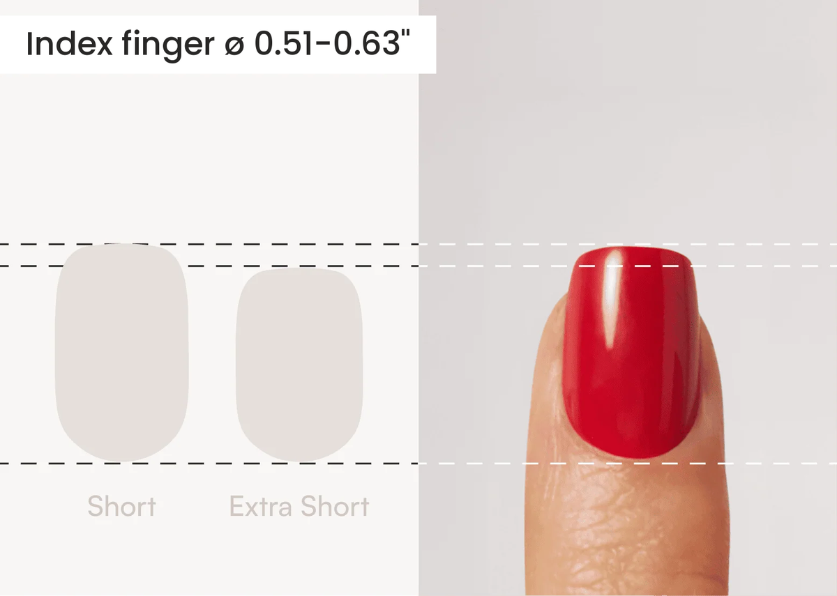 Square press ons compared with a real finger