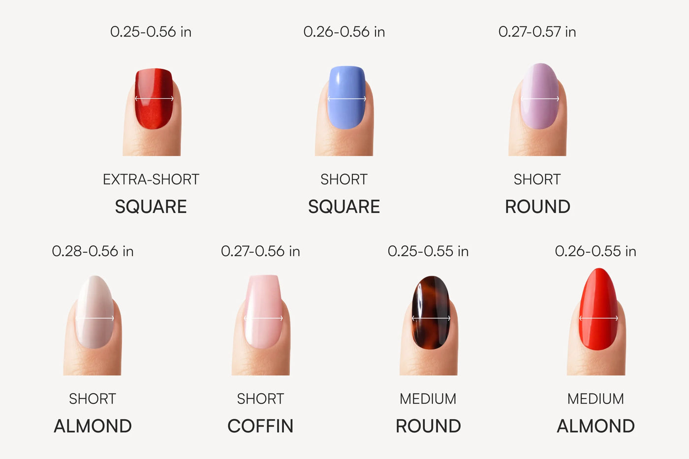 Size guide with all Doonails shapes and lengths, with widths in inches