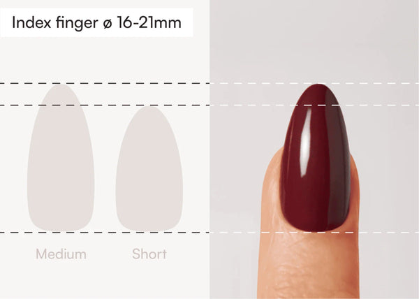 Almond press ons compared with a real finger